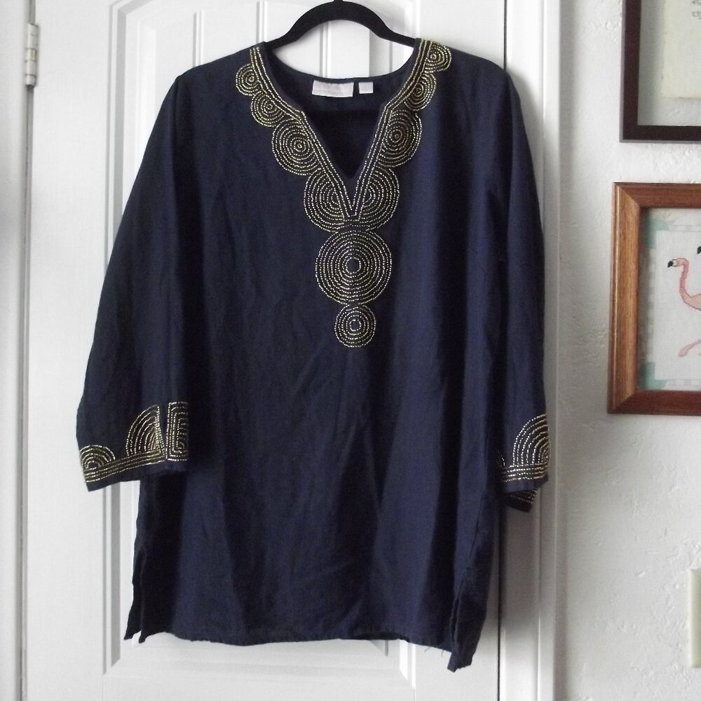Kim Gravel Bellisima Gold Beaded Navy Blue Tunic Size LARGE Linen Blend
